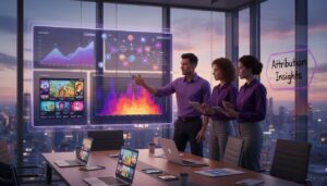 Office team analyzing mobile attribution dashboard