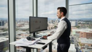 Advertising analyst reviews performance dashboard office