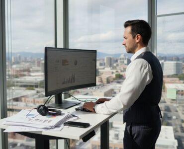 Advertising analyst reviews performance dashboard office