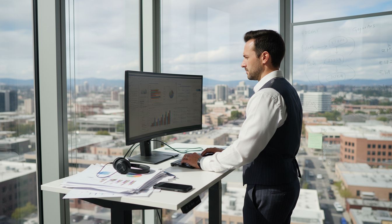 Advertising analyst reviews performance dashboard office