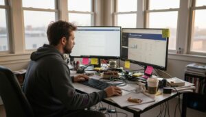 Marketer setting up Facebook ad campaigns