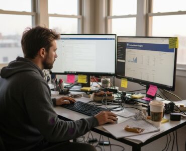 Marketer setting up Facebook ad campaigns