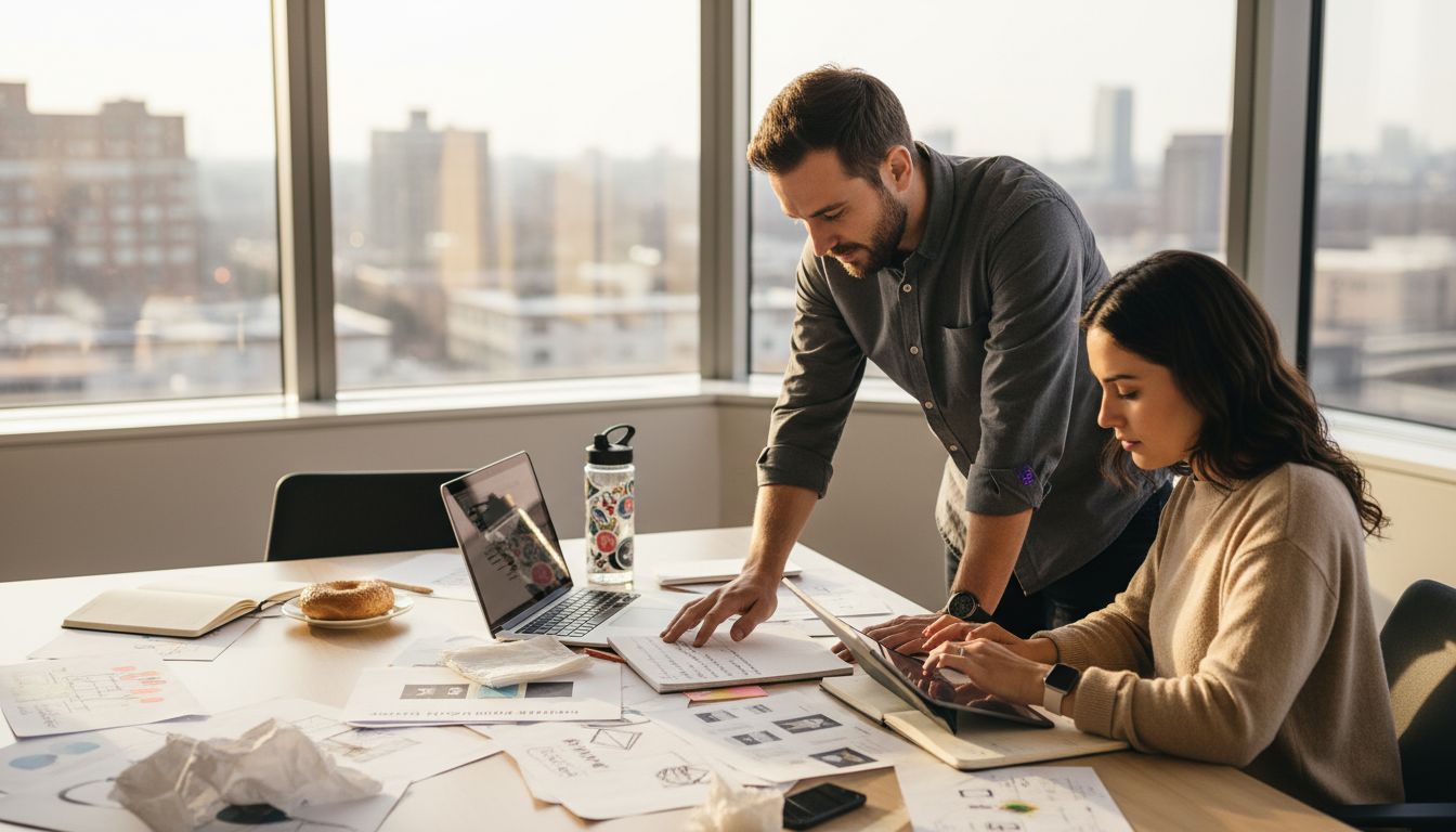 Team reviewing creative ad brief in office