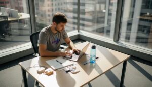 Analyst reviews mobile ad results in office