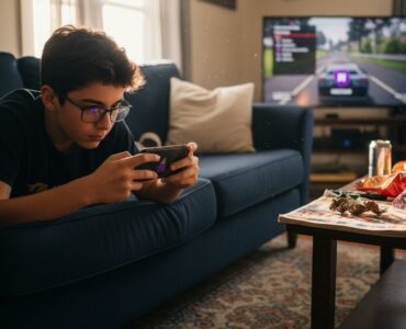 Teen boy playing mobile game on sofa