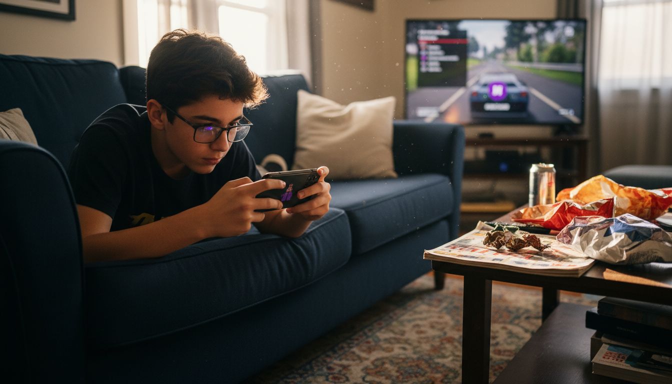 Teen boy playing mobile game on sofa