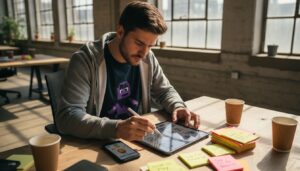 Marketer designing mobile interactive ad at desk