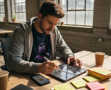 Marketer designing mobile interactive ad at desk