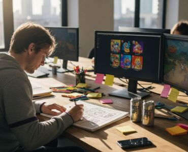 Game designer sketches mobile ad storyboard