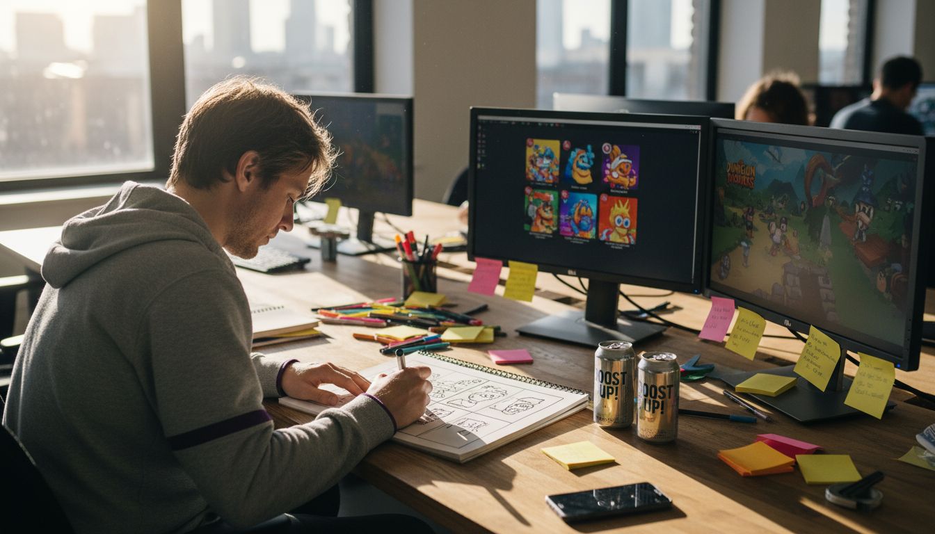 Game designer sketches mobile ad storyboard