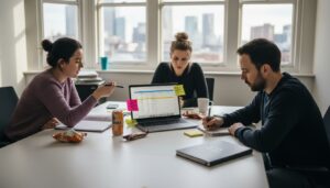 Mobile game marketing team collaborating at table
