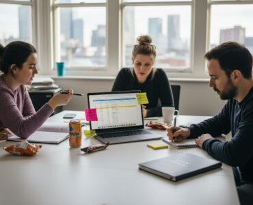 Mobile game marketing team collaborating at table