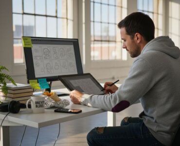 Game designer sketching playable ad storyboard