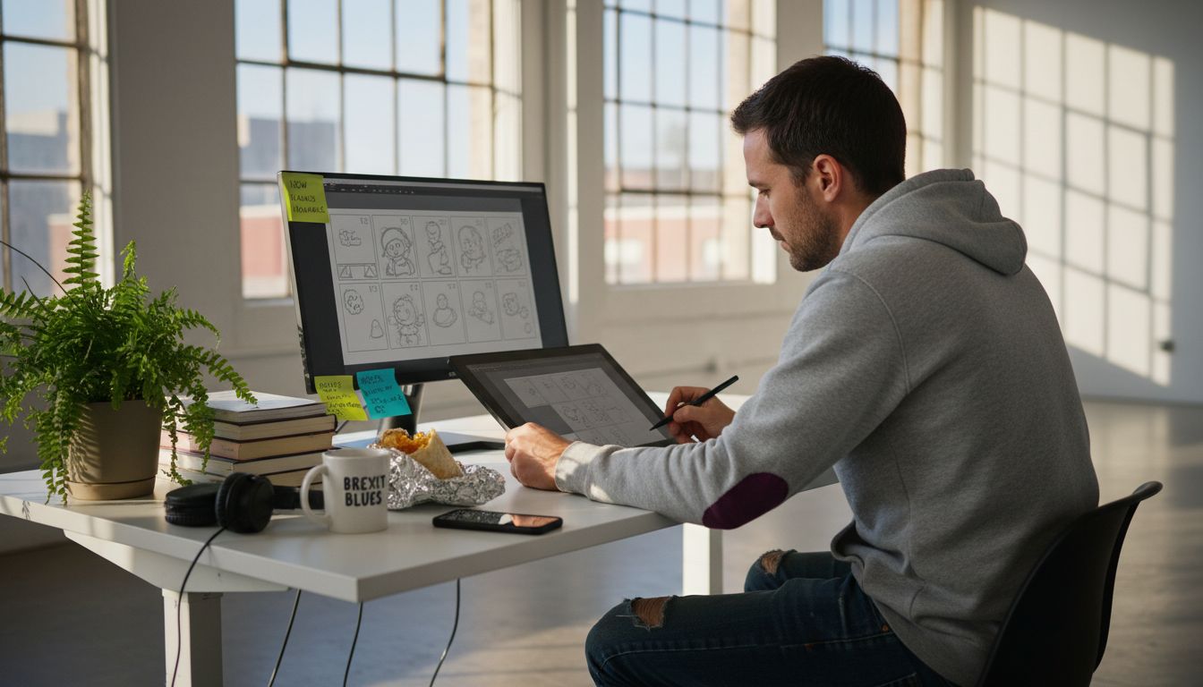 Game designer sketching playable ad storyboard