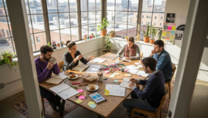 Team brainstorming playable ads at messy table