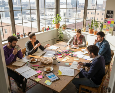 Team brainstorming playable ads at messy table