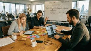 Team collaborating on playable ad design process