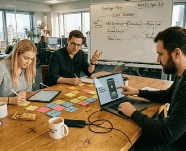 Team collaborating on playable ad design process