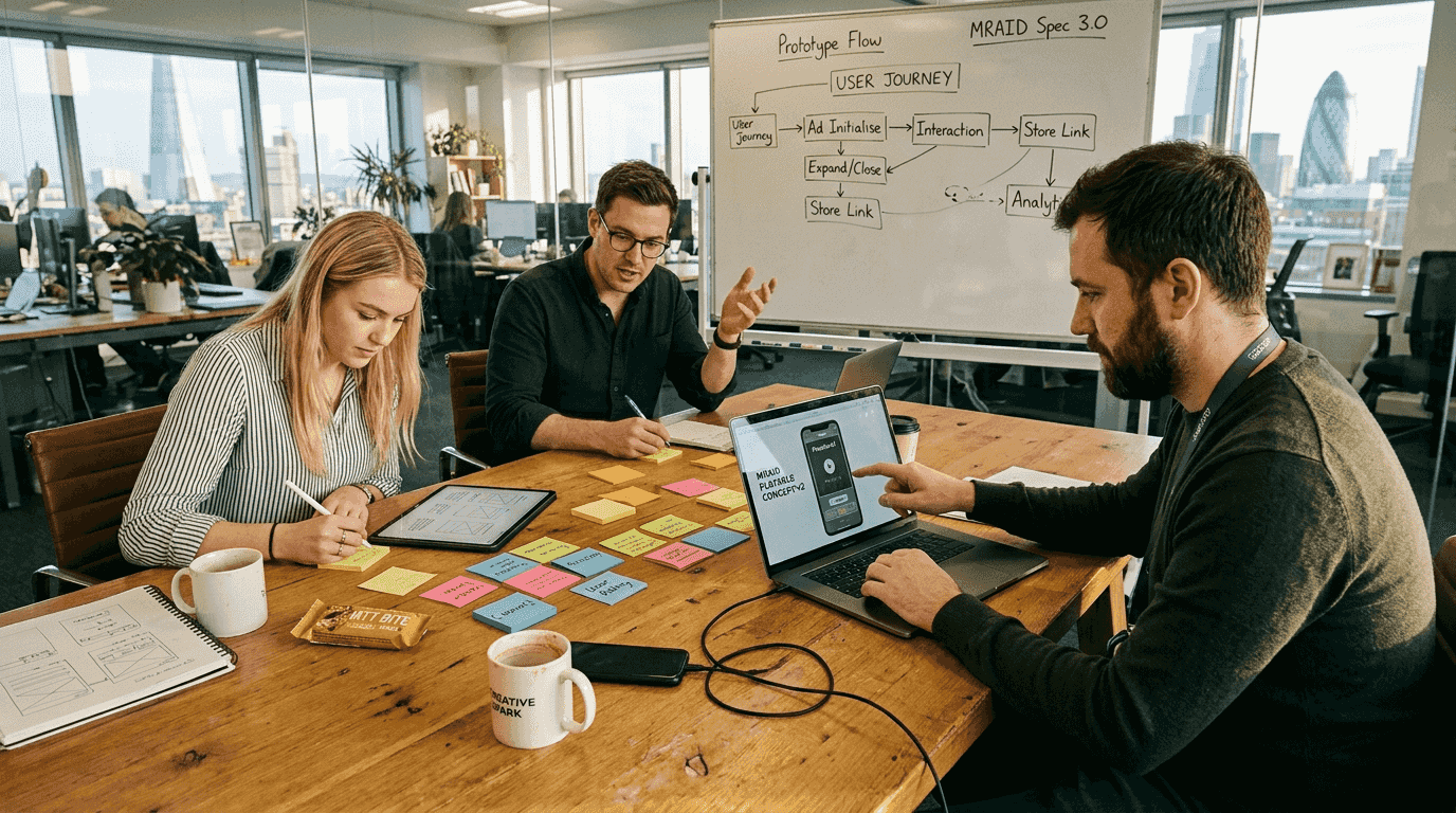 Team collaborating on playable ad design process