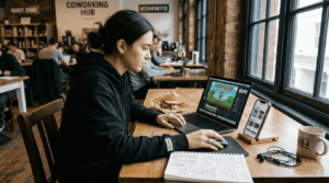 Designer creating educational ad on laptop and mobile