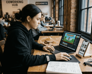 Designer creating educational ad on laptop and mobile