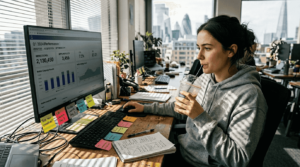 Manager reviewing playable ad test results