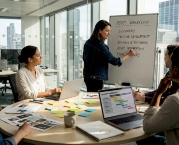 Manager leads creative asset workflow meeting