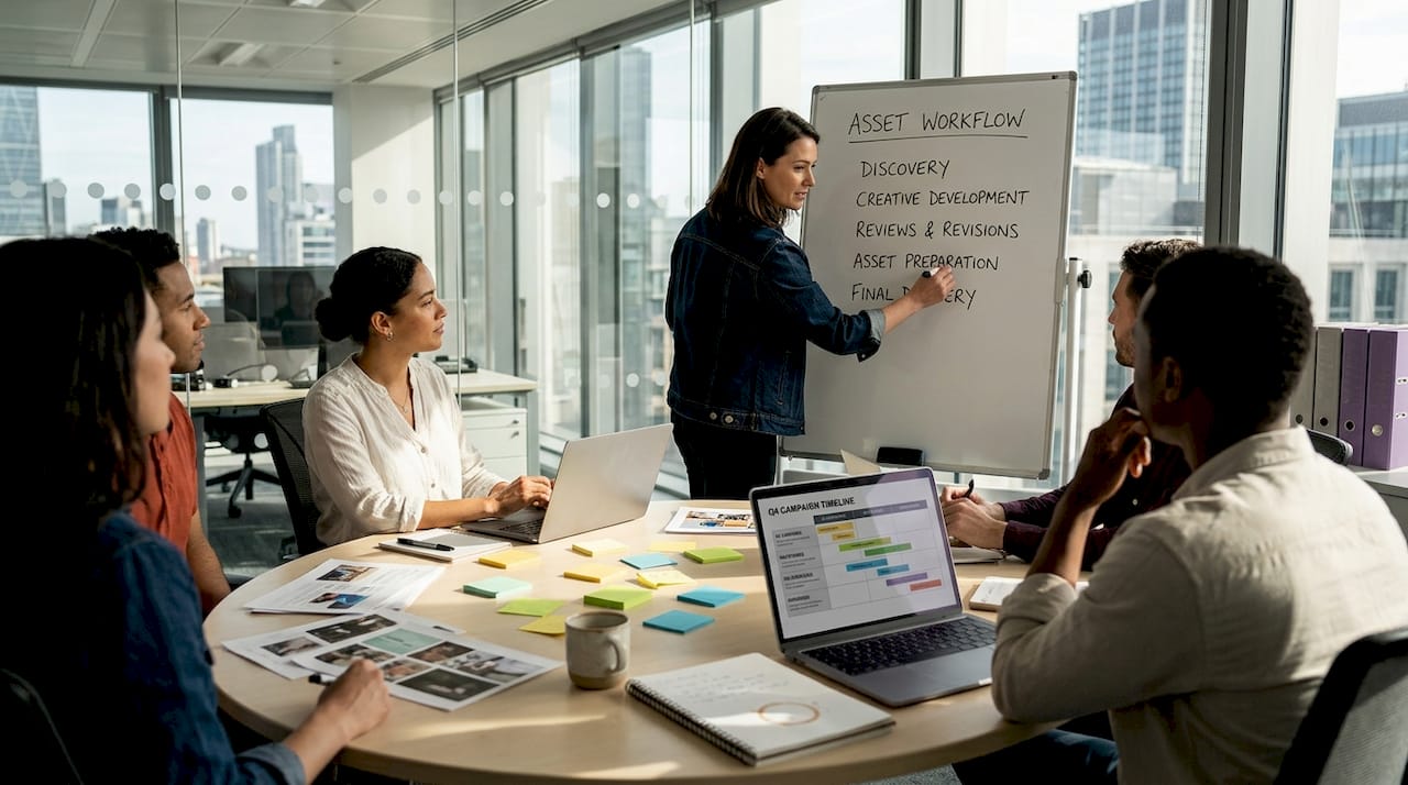 Manager leads creative asset workflow meeting
