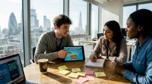 Team reviewing interactive mobile ad mockups