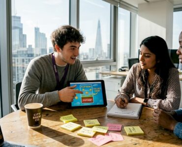 Team reviewing interactive mobile ad mockups