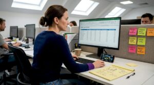 Marketer analyzes mobile game data at desk