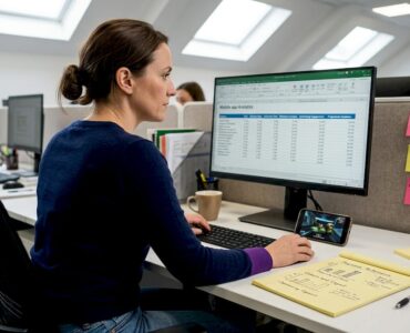 Marketer analyzes mobile game data at desk