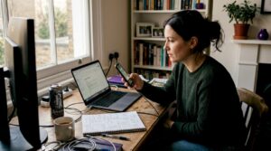 Designer testing mobile game ad at desk