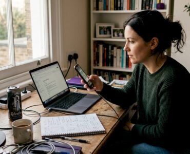 Designer testing mobile game ad at desk