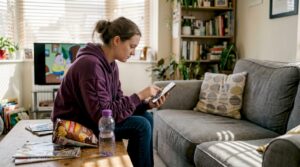 Woman interacting with gamified ad on smartphone