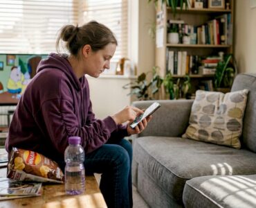 Woman interacting with gamified ad on smartphone