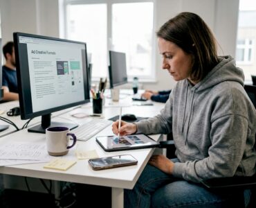 Designer building mobile game ad concepts