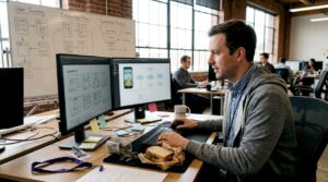 Game ad designer planning campaigns in workspace