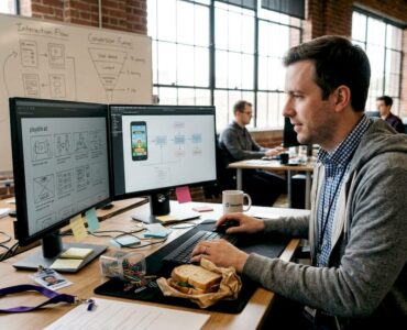 Game ad designer planning campaigns in workspace