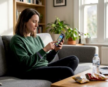 Woman playing mobile game with visible in-game ad