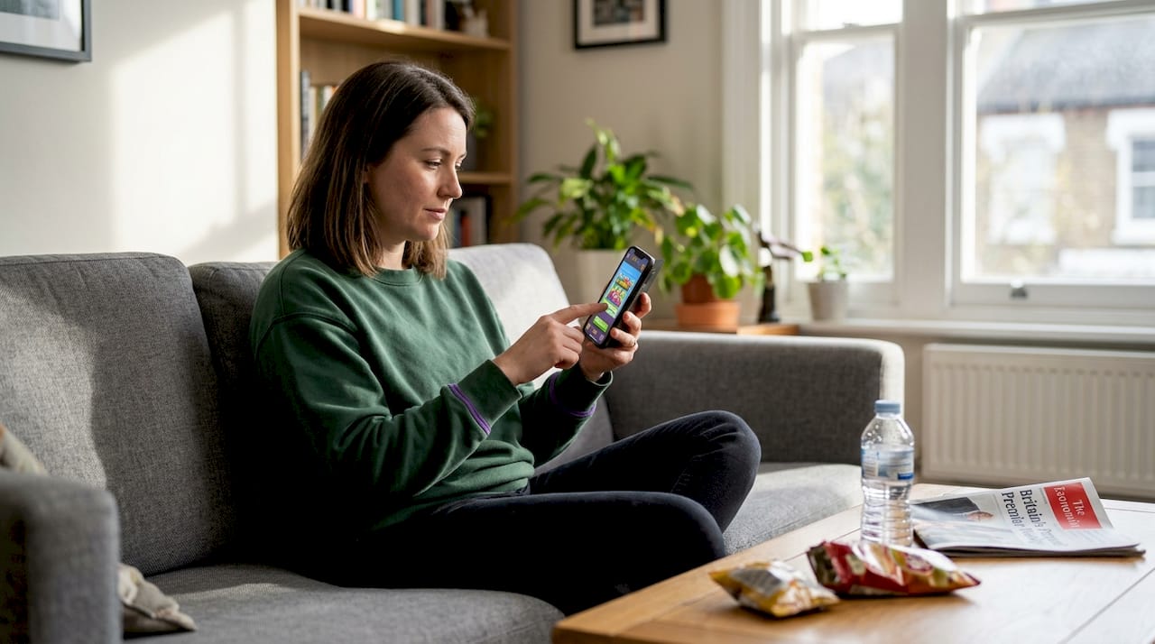 Woman playing mobile game with visible in-game ad