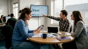 Team meeting on mobile game advertising stats