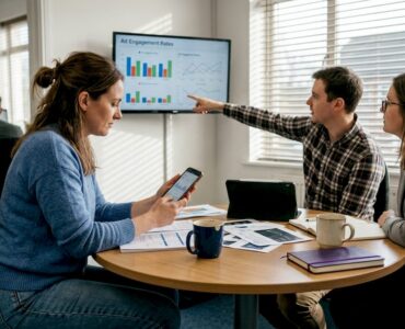 Team meeting on mobile game advertising stats