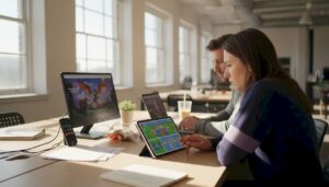 Playable ad designers working in open workspace