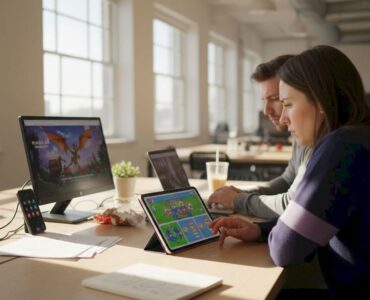 Playable ad designers working in open workspace