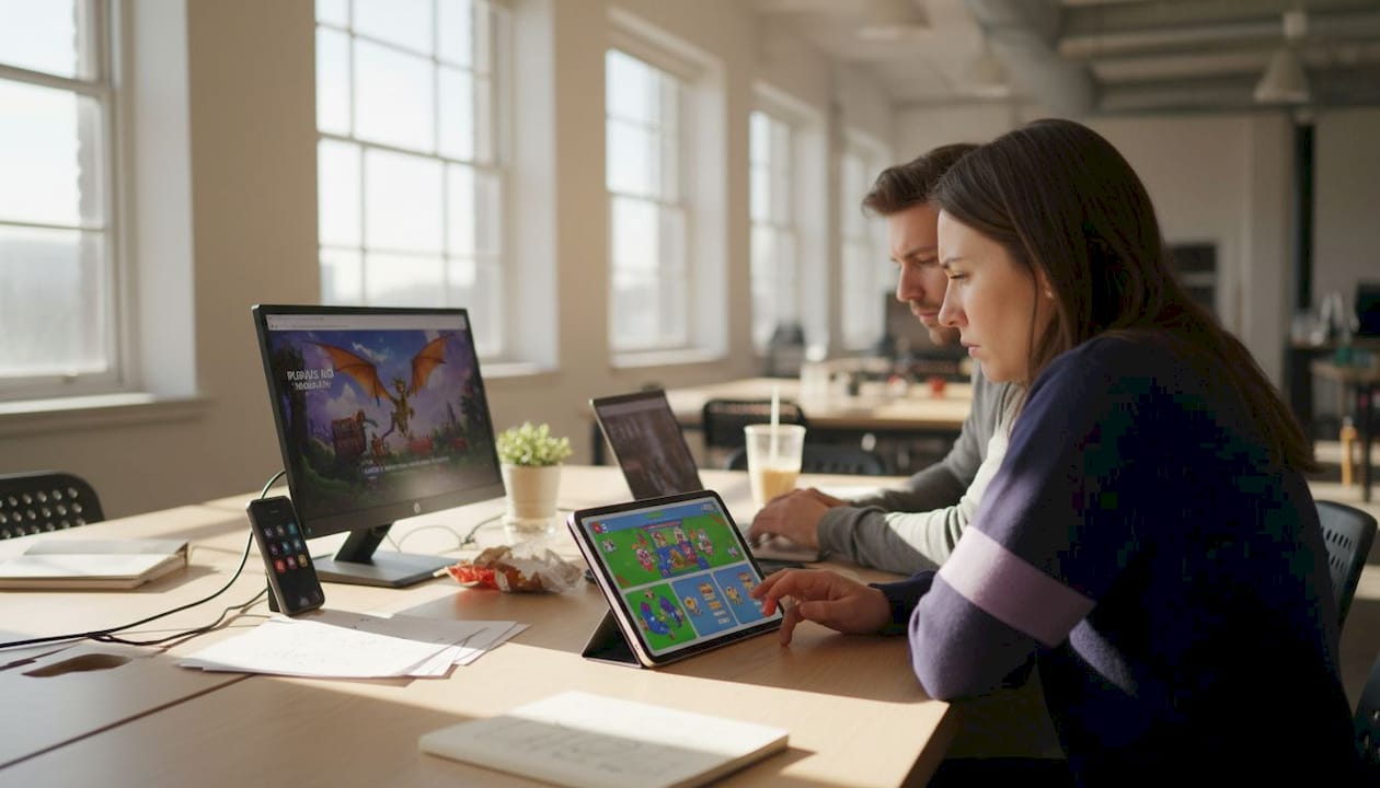 Playable ad designers working in open workspace