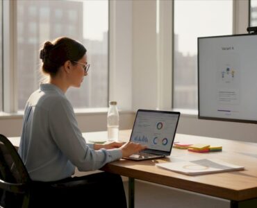 Manager reviews A/B results in office workspace