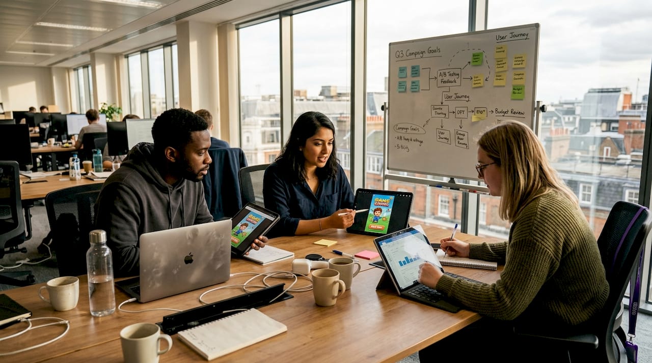 Creative team reviews playable ad prototypes