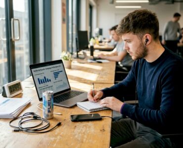 Marketer reviewing mobile ad performance in workspace