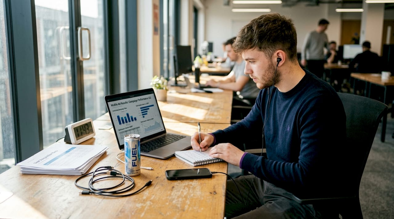 Marketer reviewing mobile ad performance in workspace